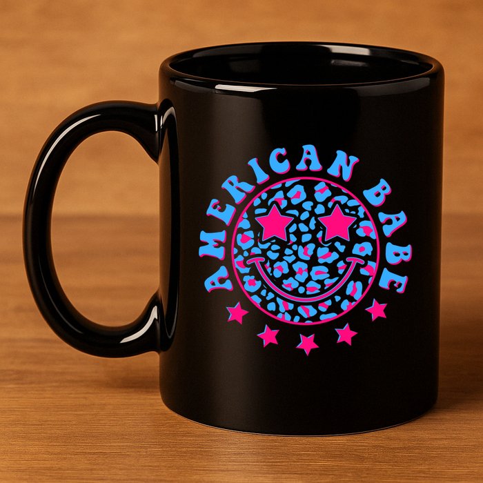 Cute Funny American Babe Leopard Print Smiley Emoji 11oz C Handle Ceramic Mug