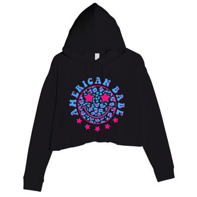 Cute Funny American Babe Leopard Print Smiley Emoji Crop Fleece Hoodie