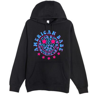 Cute Funny American Babe Leopard Print Smiley Emoji Premium Pullover Hoodie