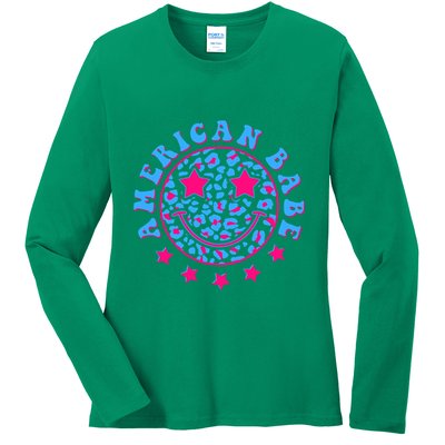 Cute Funny American Babe Leopard Print Smiley Emoji Ladies Long Sleeve Shirt