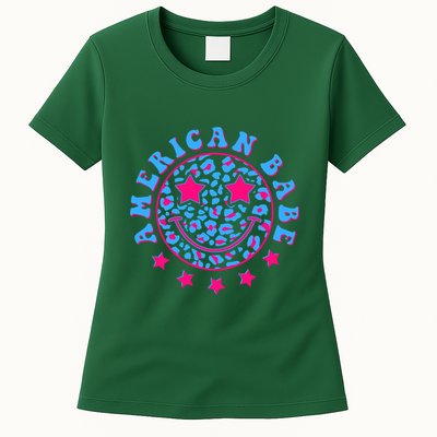 Cute Funny American Babe Leopard Print Smiley Emoji Womens T-Shirt