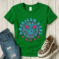 Cute Funny American Babe Leopard Print Smiley Emoji Womens T-Shirt