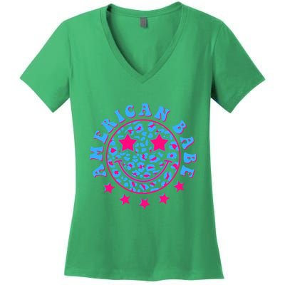 Cute Funny American Babe Leopard Print Smiley Emoji Women's V-Neck T-Shirt