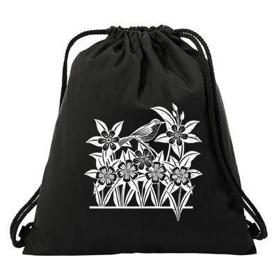 Columbine Flowers And A Little Garden Wren Graphic Birding Drawstring Bag