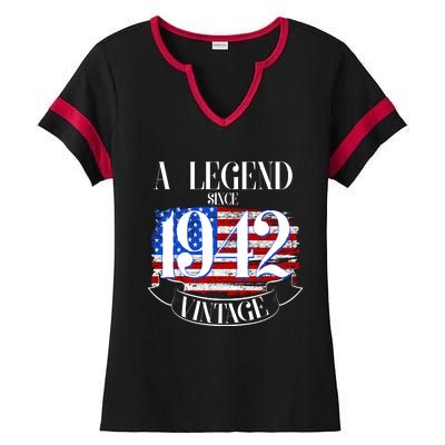 Cute Funny A Legend Since 1942 Vintage USA Flag 80th Birthday Ladies Halftime Notch Neck Tee