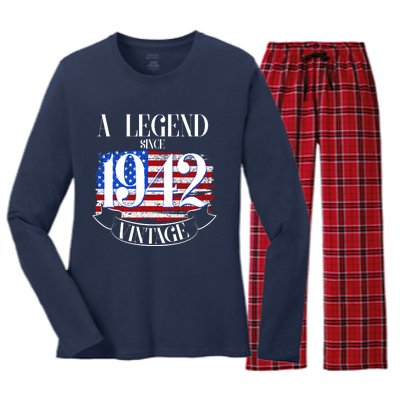 Cute Funny A Legend Since 1942 Vintage USA Flag 80th Birthday Women's Long Sleeve Flannel Pajama Set 