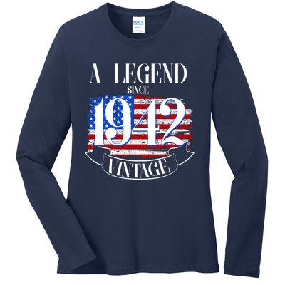 Cute Funny A Legend Since 1942 Vintage USA Flag 80th Birthday Ladies Long Sleeve Shirt