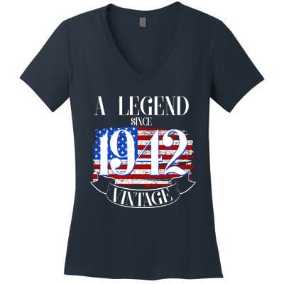 Cute Funny A Legend Since 1942 Vintage USA Flag 80th Birthday Women's V-Neck T-Shirt