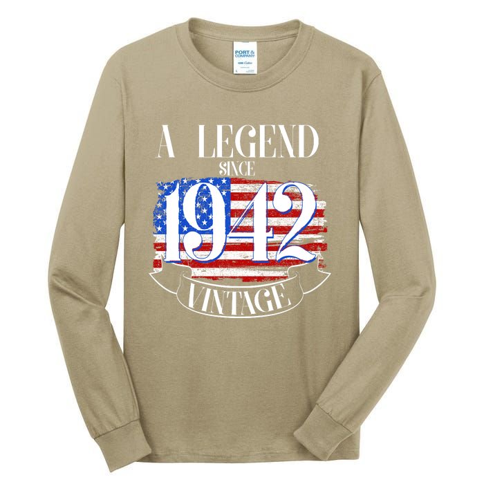 Cute Funny A Legend Since 1942 Vintage USA Flag 80th Birthday Tall Long Sleeve T-Shirt