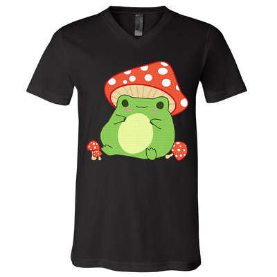 Cottagecore Frog Aesthetic Cute Frog With Mushroom Hat V-Neck T-Shirt