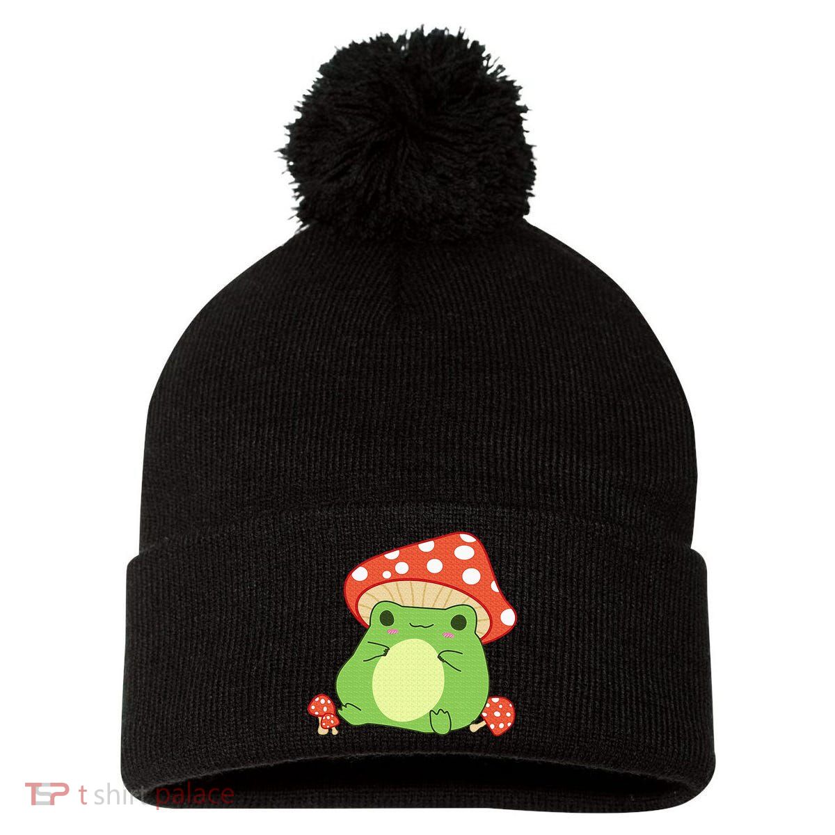Cottagecore Frog Aesthetic Cute Frog With Mushroom Hat Pom Pom 12in Knit Beanie