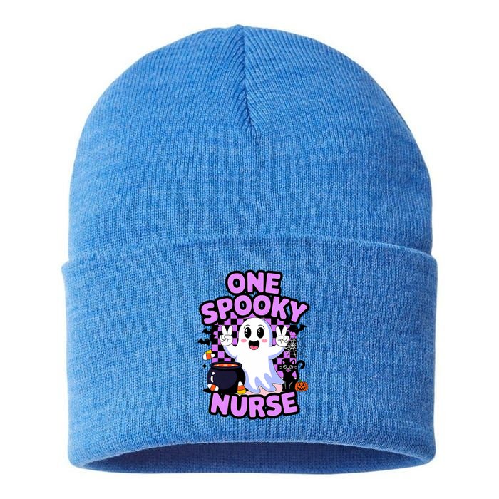 Cute Fun And Festive Halloween One Spooky Nurse Ghost Sustainable Knit Beanie