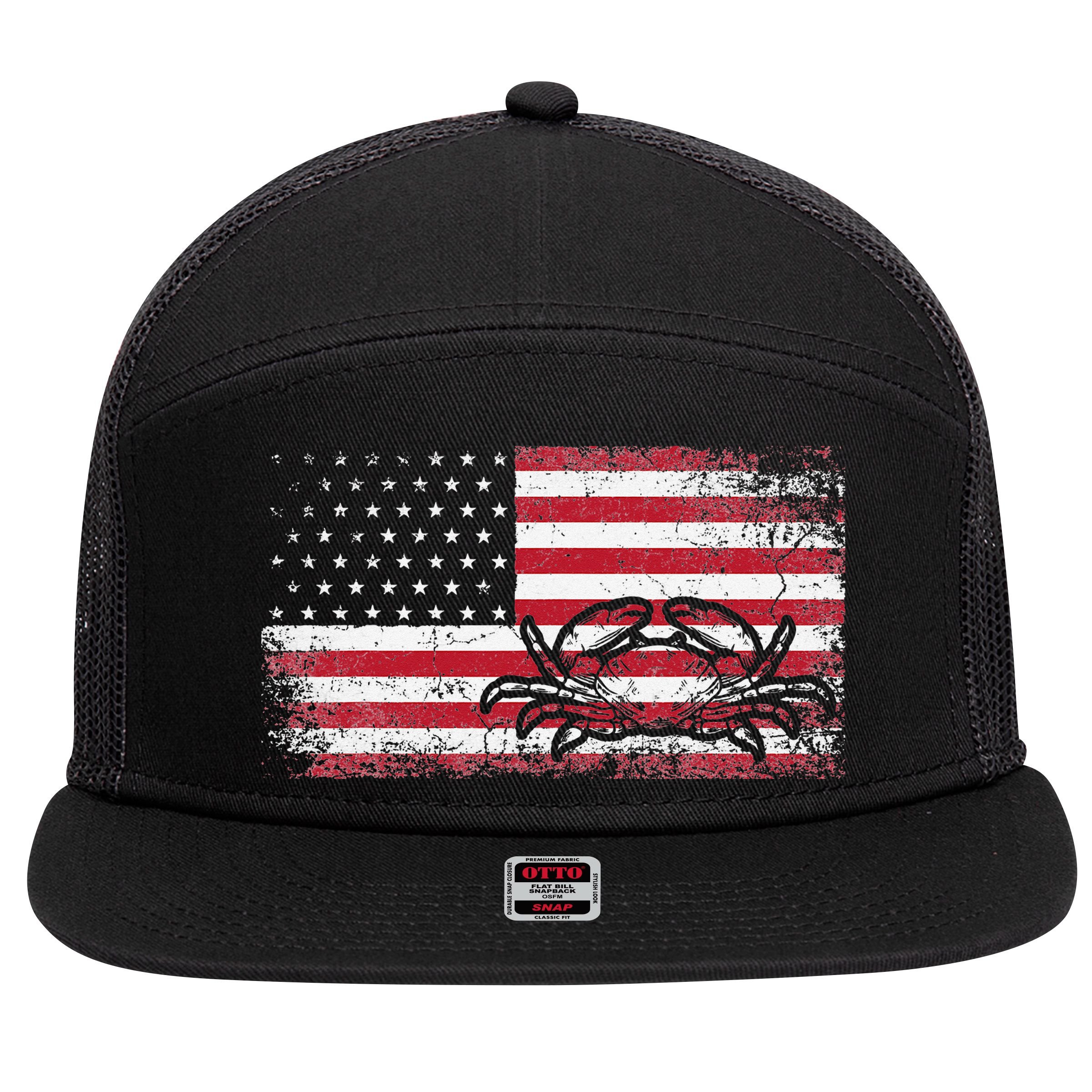 Crab Fisherman American Flag 4th of July Crabbing 7 Panel Mesh Trucker Snapback Hat
