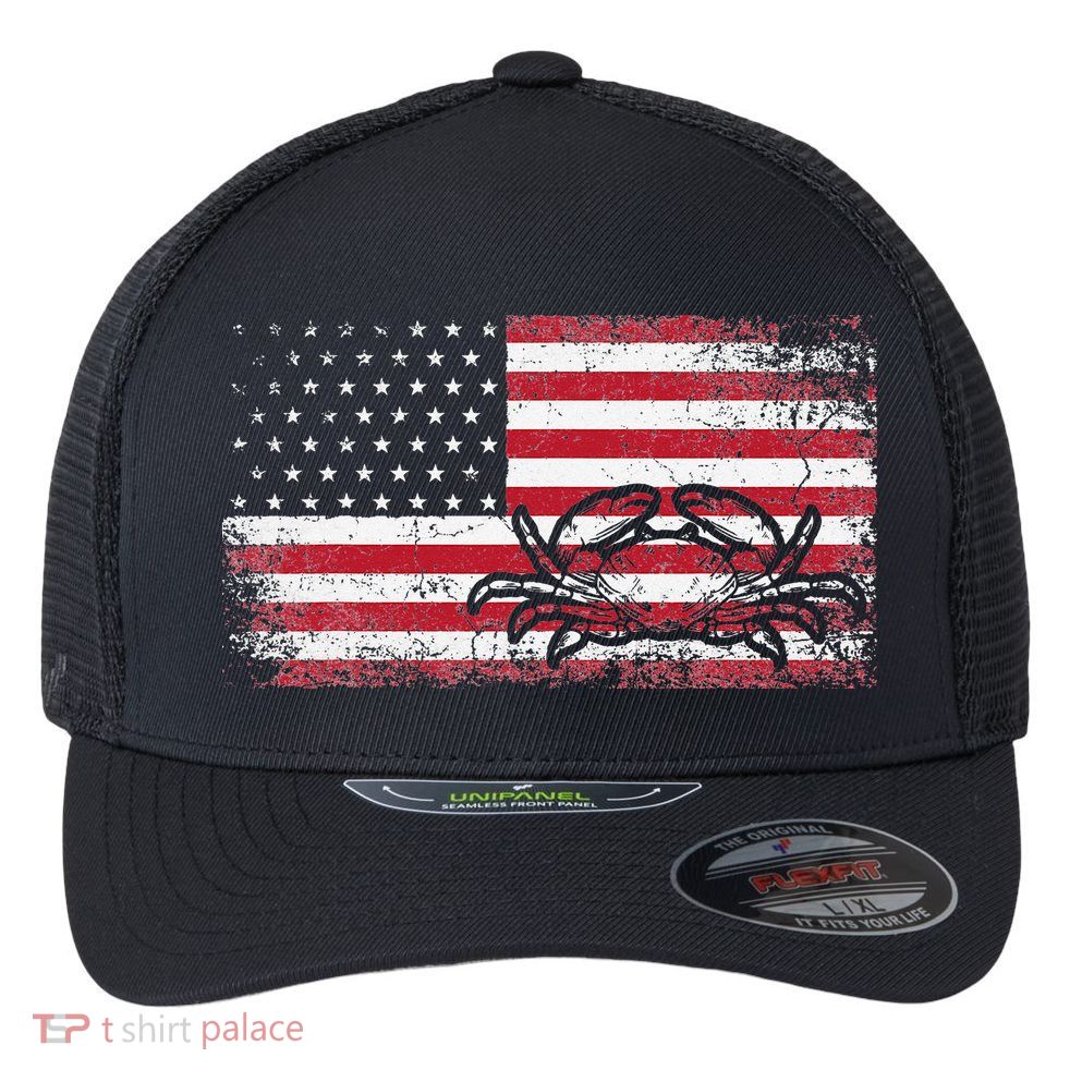 Crab Fisherman American Flag 4th of July Crabbing Flexfit Unipanel Trucker Cap