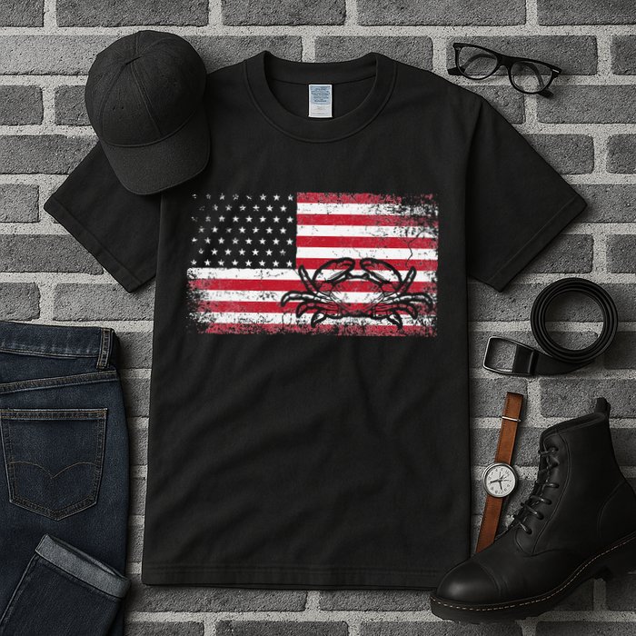 Crab Fisherman American Flag 4th of July Crabbing Tall T-Shirt