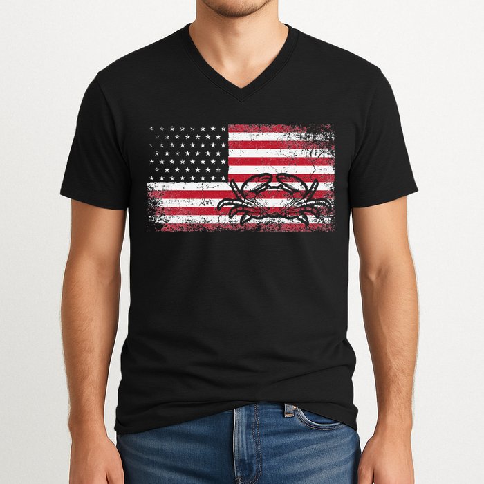 Crab Fisherman American Flag 4th of July Crabbing V-Neck T-Shirt