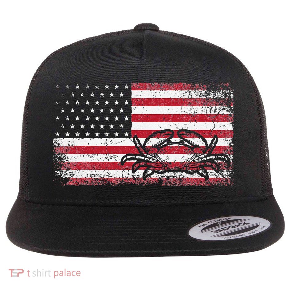 Crab Fisherman American Flag 4th of July Crabbing Flatbill Hat