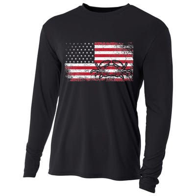 Crab Fisherman American Flag 4th of July Crabbing Cooling Performance Long Sleeve Crew