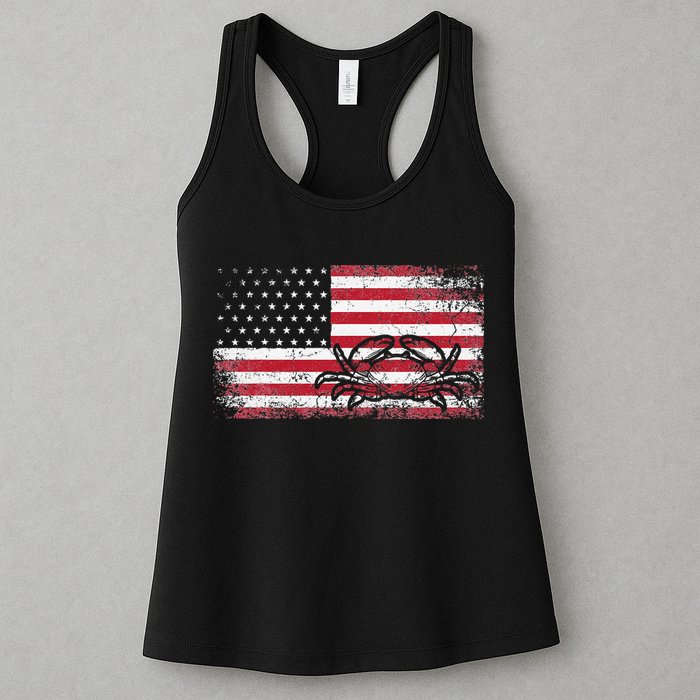 Crab Fisherman American Flag 4th of July Crabbing Womens Tank Top