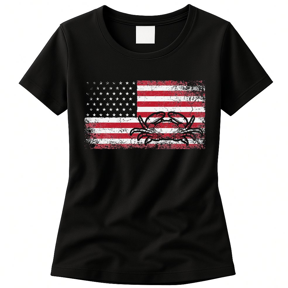 Crab Fisherman American Flag 4th of July Crabbing Womens T-Shirt