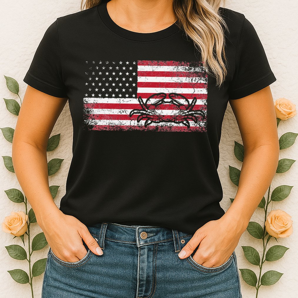 Crab Fisherman American Flag 4th of July Crabbing Womens T-Shirt