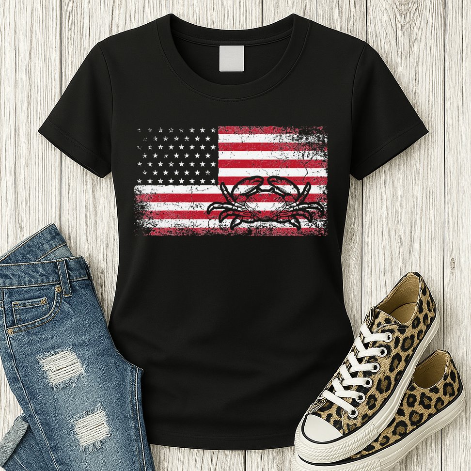 Crab Fisherman American Flag 4th of July Crabbing Womens T-Shirt