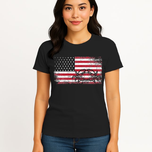 Crab Fisherman American Flag 4th of July Crabbing Womens T-Shirt