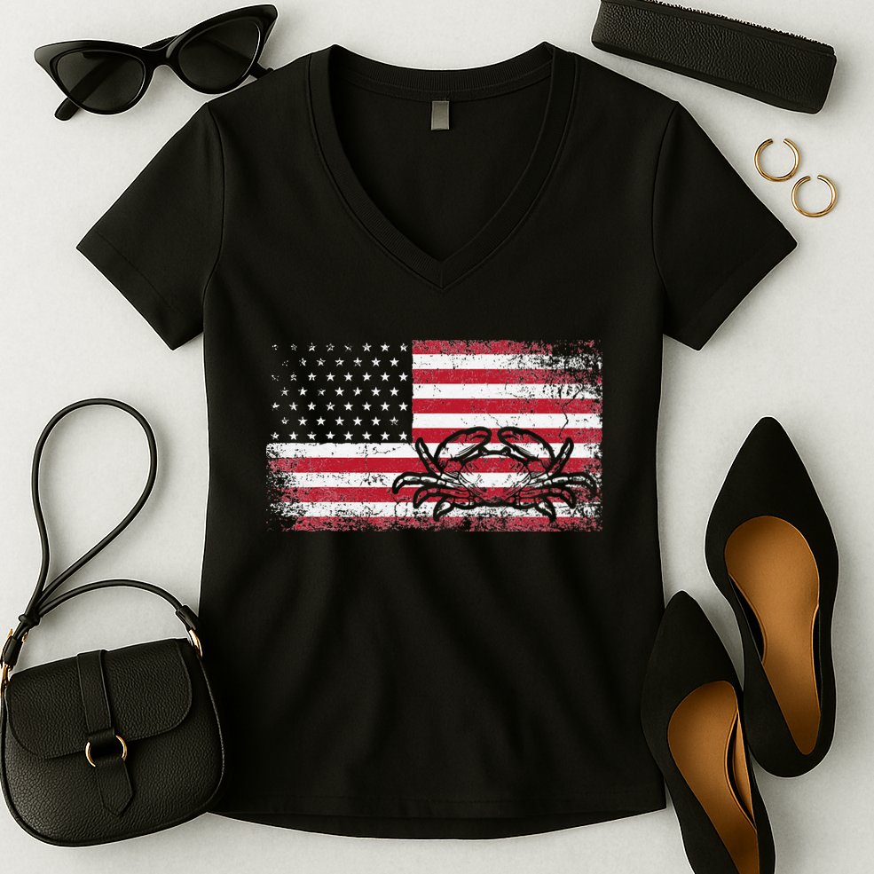 Crab Fisherman American Flag 4th of July Crabbing Women's V-Neck T-Shirt