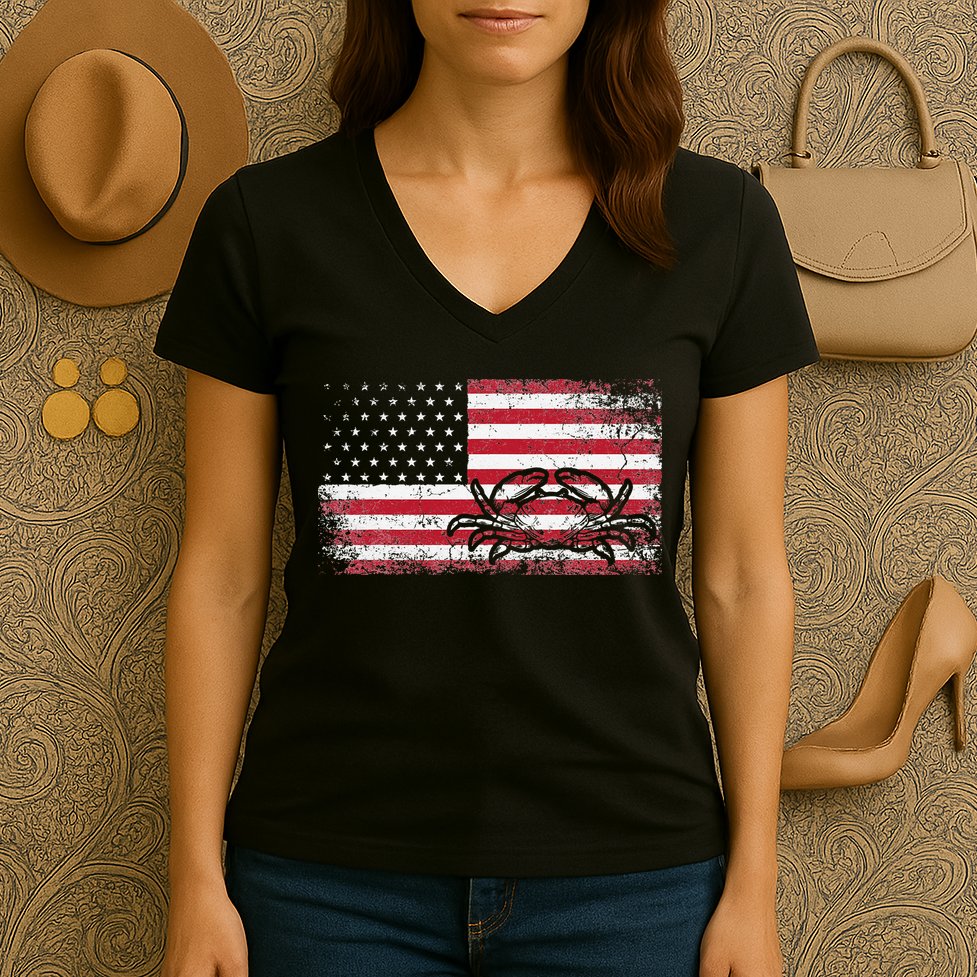 Crab Fisherman American Flag 4th of July Crabbing Women's V-Neck T-Shirt