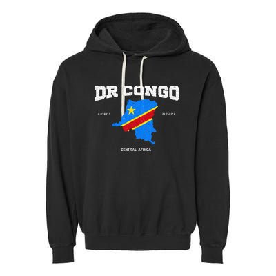 Congolese Flag And Map Dr. Congo Coordinates Garment-Dyed Fleece Hoodie