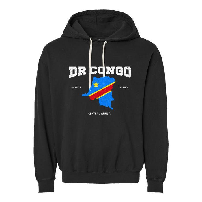 Congolese Flag And Map Dr. Congo Coordinates Garment-Dyed Fleece Hoodie