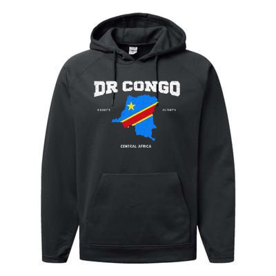 Congolese Flag And Map Dr. Congo Coordinates Performance Fleece Hoodie