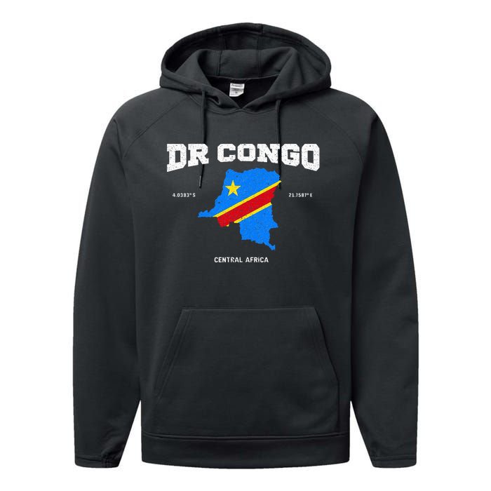 Congolese Flag And Map Dr. Congo Coordinates Performance Fleece Hoodie