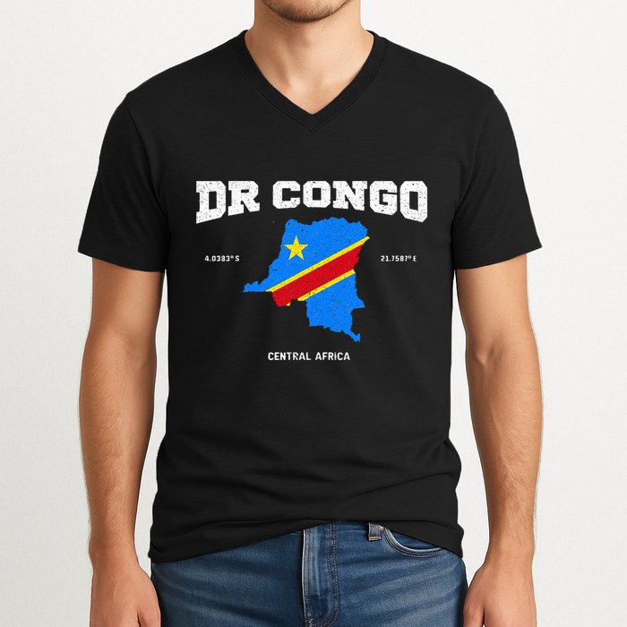 Congolese Flag And Map Dr. Congo Coordinates V-Neck T-Shirt
