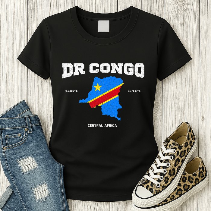 Congolese Flag And Map Dr. Congo Coordinates Womens T-Shirt