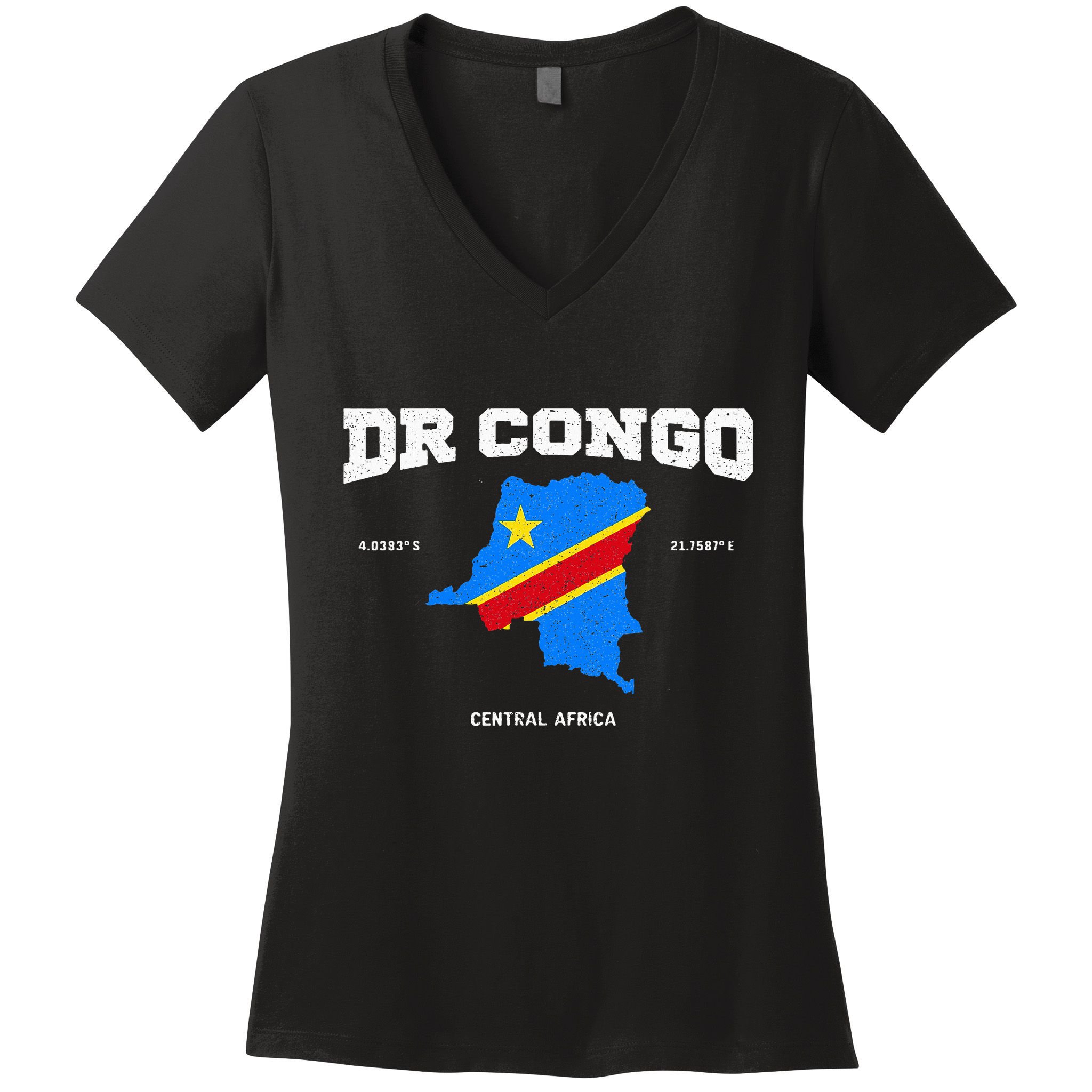 Congolese Flag And Map Dr. Congo Coordinates Women's V-Neck T-Shirt