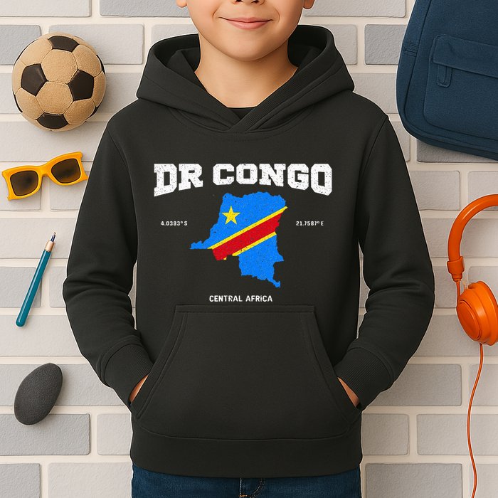 Congolese Flag And Map Dr. Congo Coordinates Kids Hoodie