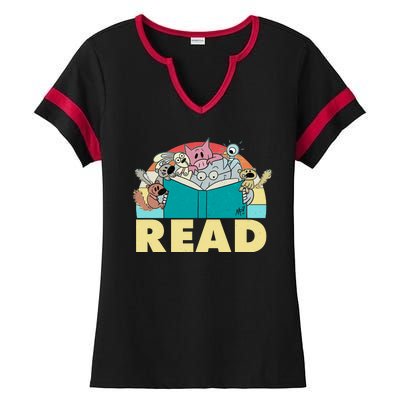 Cute Funny Animals Read Reading Book Lover Fan Ladies Halftime Notch Neck Tee