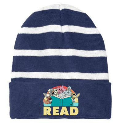 Cute Funny Animals Read Reading Book Lover Fan Striped Beanie with Solid Band