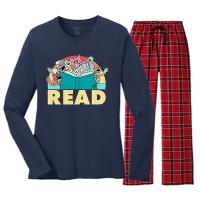 Cute Funny Animals Read Reading Book Lover Fan Women's Long Sleeve Flannel Pajama Set 