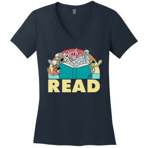 Cute Funny Animals Read Reading Book Lover Fan Women's V-Neck T-Shirt