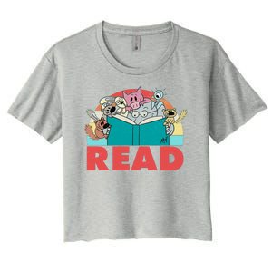 Cute Funny Animals Read Reading Book Lover Fan Women's Crop Top Tee