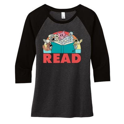 Cute Funny Animals Read Reading Book Lover Fan Women's Tri-Blend 3/4-Sleeve Raglan Shirt