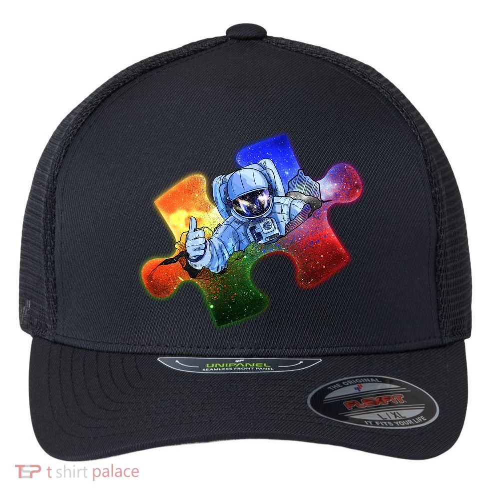 Cool Funny Autism Awareness Galaxy Puzzle Piece Astronaut Flexfit Unipanel Trucker Cap