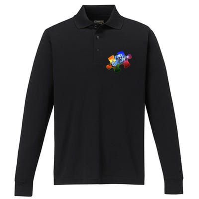 Cool Funny Autism Awareness Galaxy Puzzle Piece Astronaut Performance Long Sleeve Polo