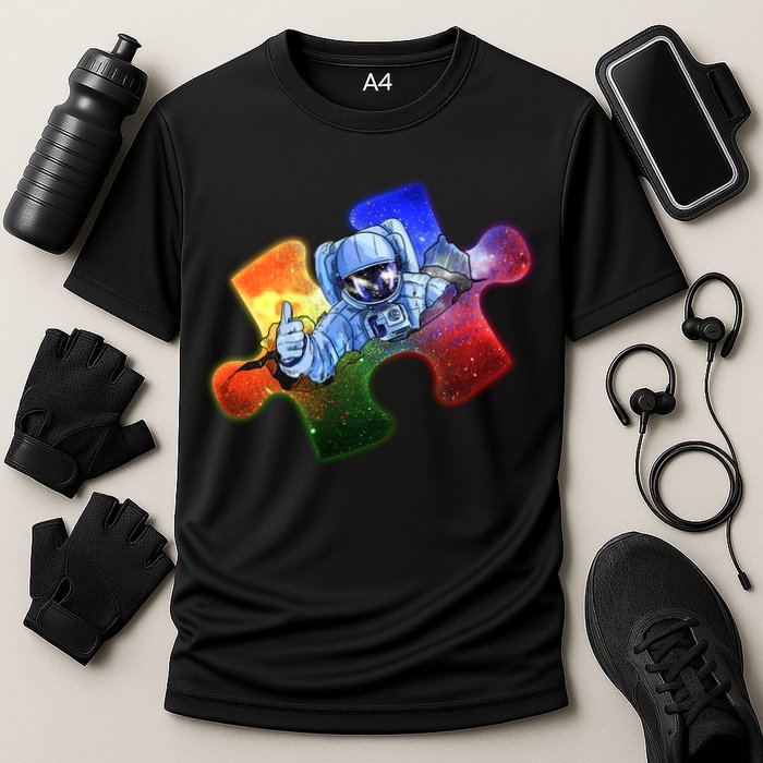 Cool Funny Autism Awareness Galaxy Puzzle Piece Astronaut Cooling Performance Crew T-Shirt