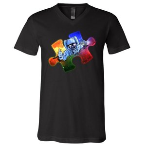 Cool Funny Autism Awareness Galaxy Puzzle Piece Astronaut V-Neck T-Shirt