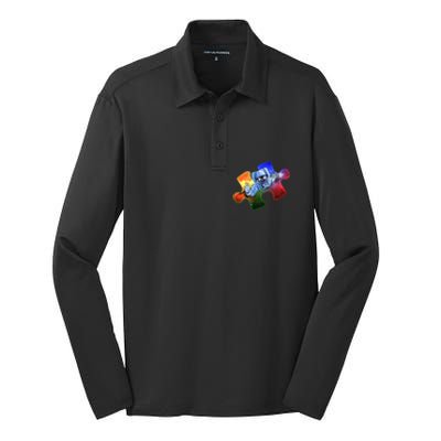 Cool Funny Autism Awareness Galaxy Puzzle Piece Astronaut Silk Touch Performance Long Sleeve Polo