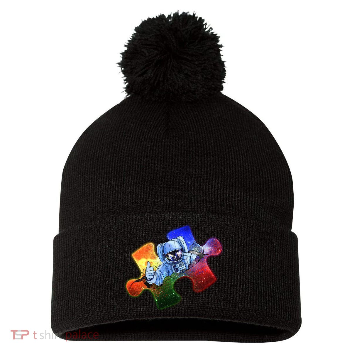 Cool Funny Autism Awareness Galaxy Puzzle Piece Astronaut Pom Pom 12in Knit Beanie