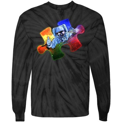 Cool Funny Autism Awareness Galaxy Puzzle Piece Astronaut Tie-Dye Long Sleeve Shirt